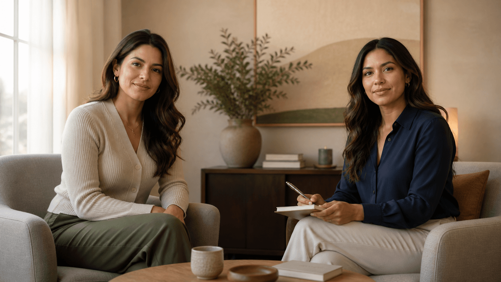 Temporary editorial image of two women seated in a warm care space